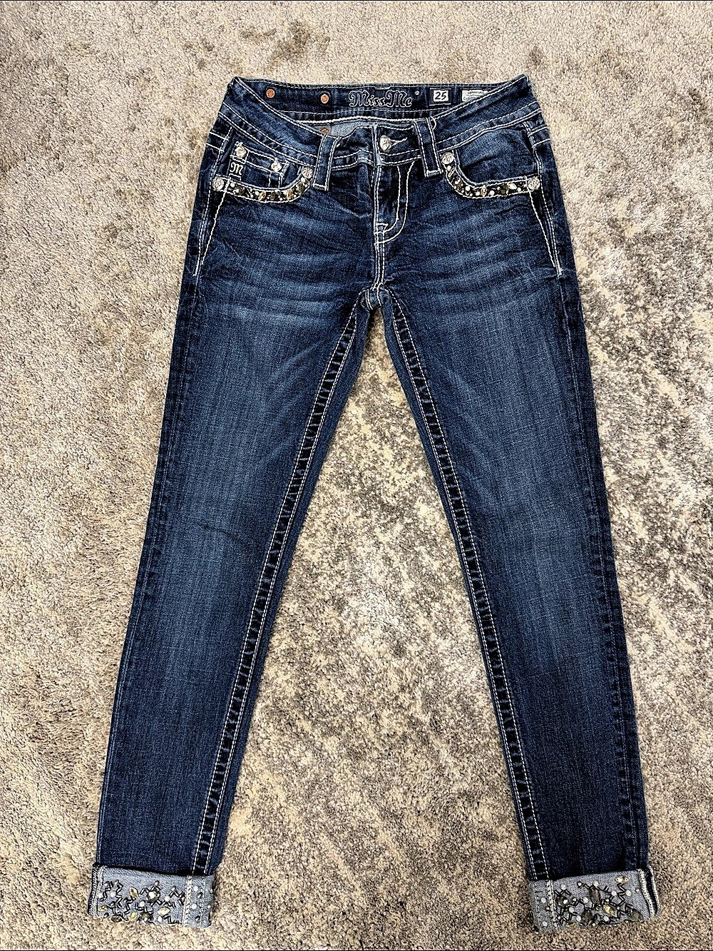 Miss Me Signature Cuffed Skinny Jeans with Beaded Cuffs Waist 25 Blue